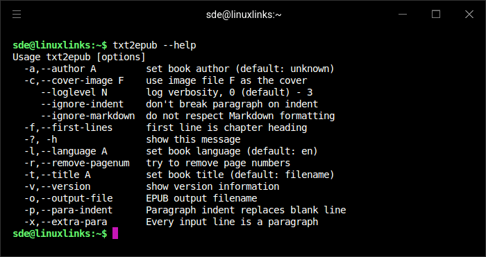 txt2epub flags