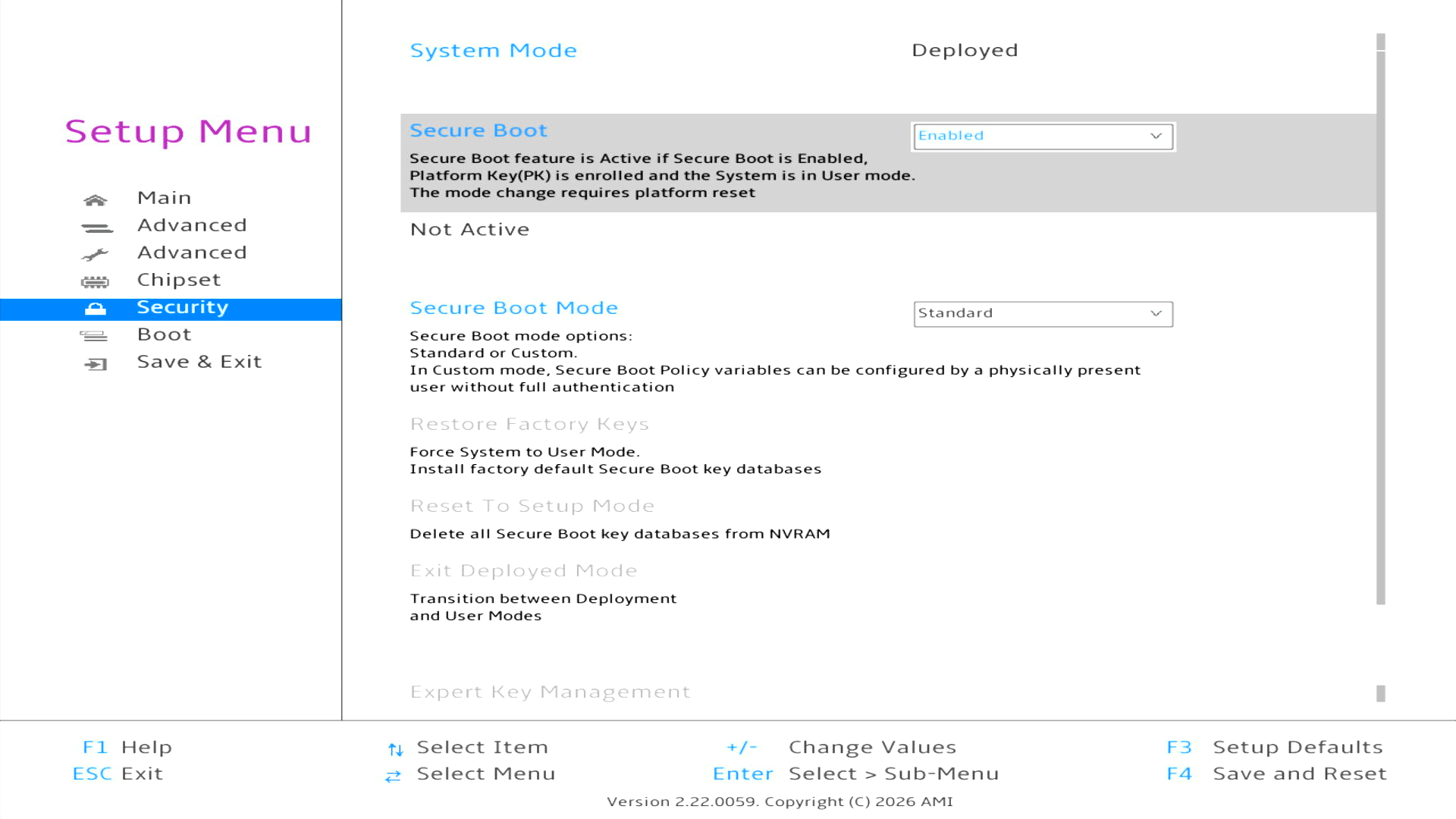 Security section of the BIOS