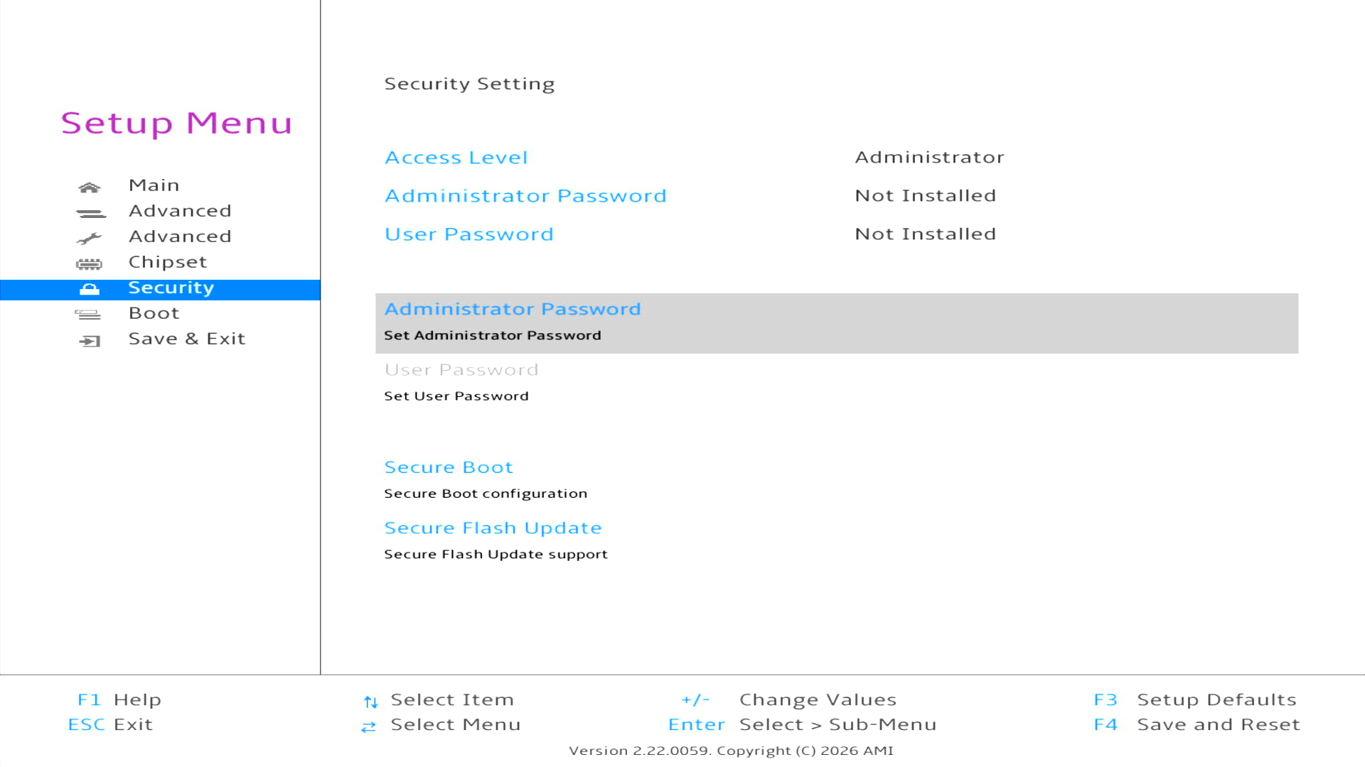 Security section of the BIOS