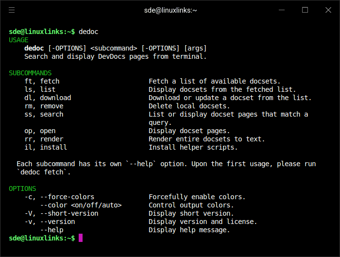 dedoc usage, subcommands and options