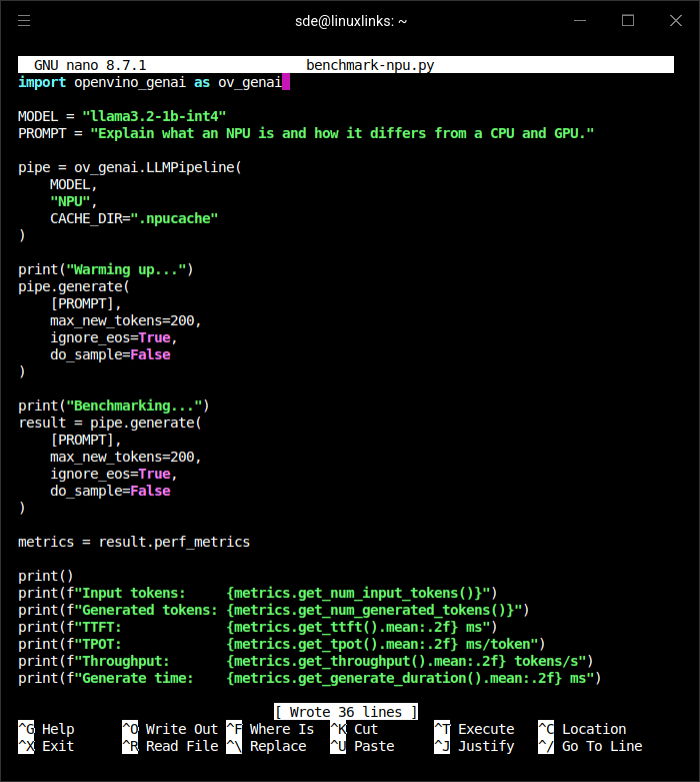Python benchmark script for testing Llama 3.2 1B on the Intel NPU