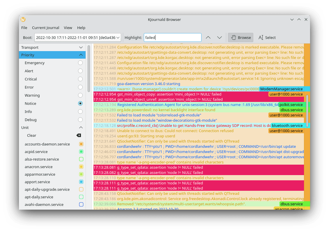 KDE Journald Browser in action