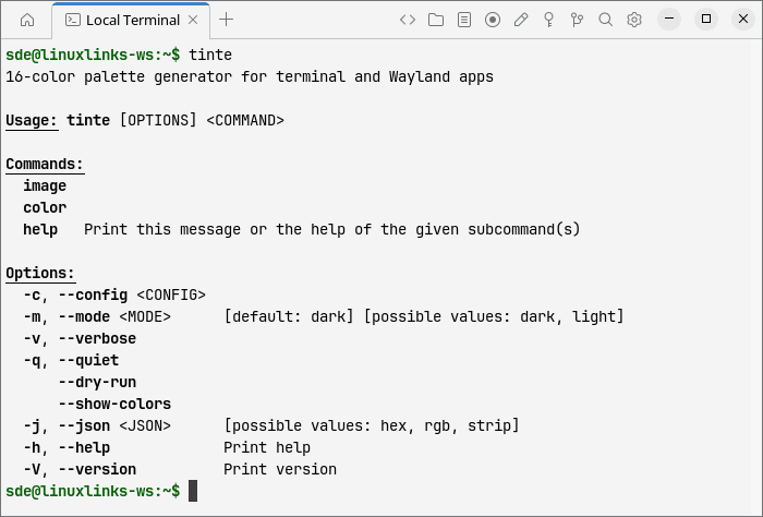 tinte commands and options